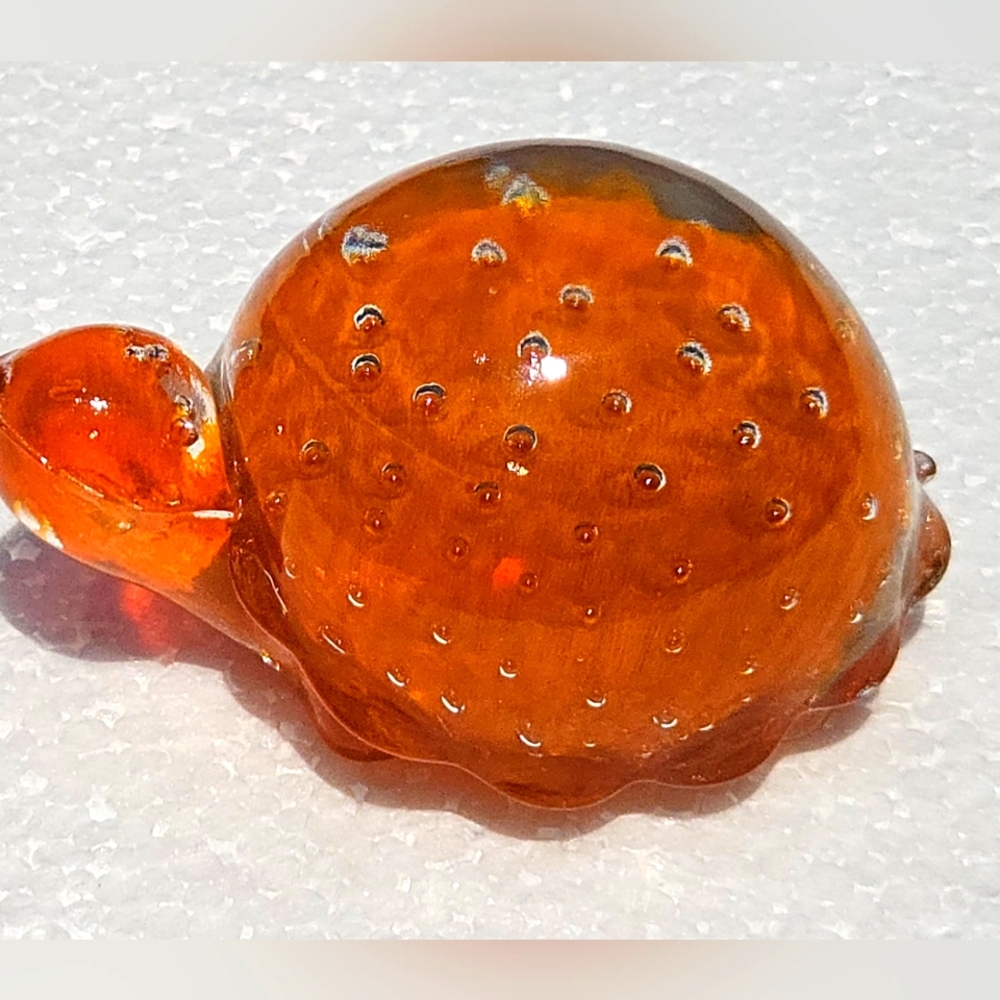 Vintage Paperweight Orange Glass Turtle 1970 Controlled Bubbles Perfect Cond!